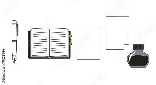 A fountain pen, open notebook, blank papers, and an inkwell are arranged on a white background.