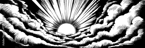 a bold sunrise emerging through thick clouds, featuring strong light rays and a dramatic atmospheric sky.