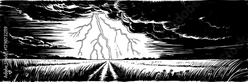 powerful lightning striking behind dark storm clouds above a wide open field with a long dirt road.