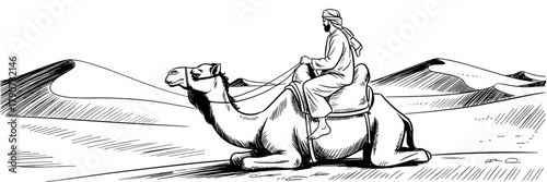 a man riding a camel through wide desert dunes, showing traditional clothing and a calm desert landscape.