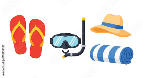 A collection of beach accessories including flip-flops, a snorkel mask, a hat, and a rolled towel.
