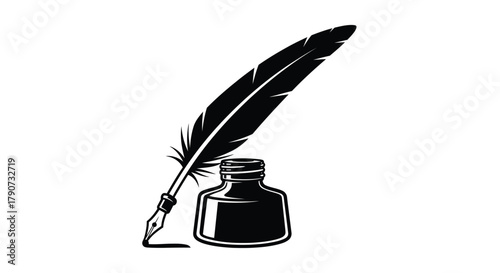 A quill pen rests in an inkwell, ready to write.