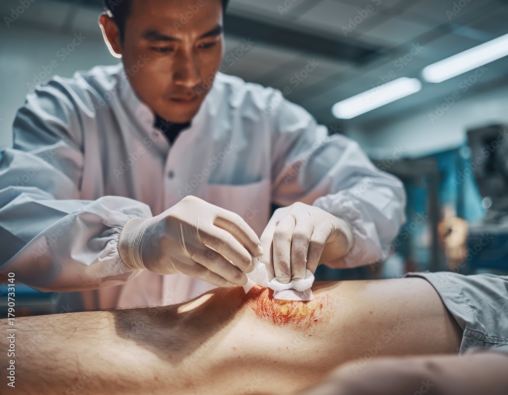 Obraz premium Medical Professional Treating Wound on Patient in Clinical Setting