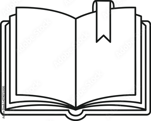 An open book with a bookmark protruding from the pages is depicted in a simple line drawing.