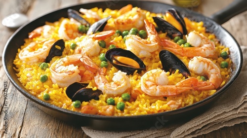 Fototapeta Naklejka Na Ścianę i Meble -  Delicious Spanish Paella with Seafood Served in a Pan