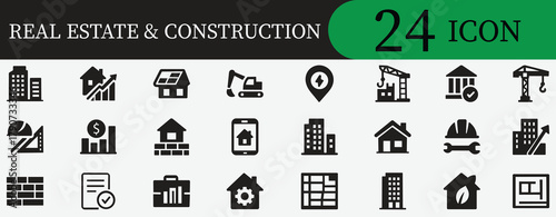 Real Estate and Construction Solid Icon Set. Containing property, building, architecture, finance, and tool symbols. Editable vector icon for mobile app UI/UX and development projects.