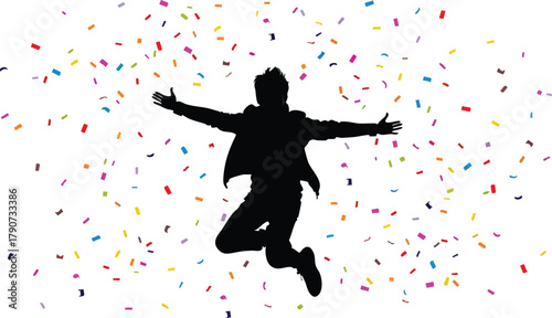 Joyful silhouette of a person jumping with arms outstretched amidst a colorful confetti explosion.