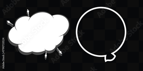 Comic Speech Bubble Set, Cloud and Circular Outline Talk Balloons on Transparent Background