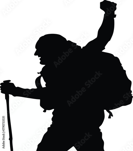 Triumphant hiker celebrates reaching summit with raised arm and trekking pole