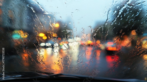 Driving in the rain with blurred city lights at night