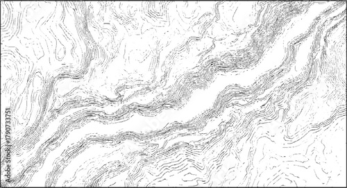 Black and white topographic contour lines representing terrain elevation and valleys topography
