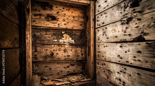 Distressed Wooden Crate with Weathered Panels Inside a Corner