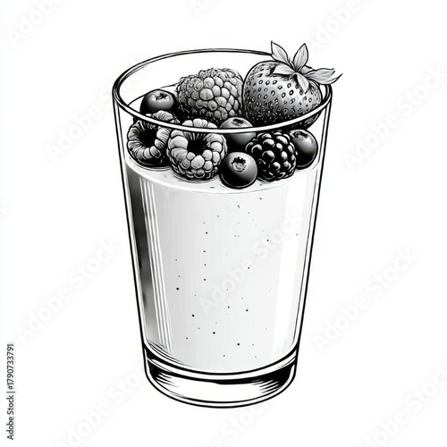 Smoothie with fresh berries in a glass, black and white, healthy breakfast or diet drink illustration