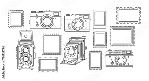 An assortment of vintage cameras and empty picture frames are displayed in a line.