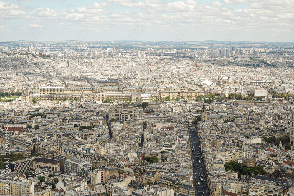 Fototapeta premium A panoramic view of the city of Paris, taken from the Montparnasse Tower in Paris, France The photo was taken in good weather, with no rain and clear skies
