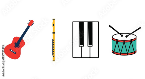 A collection of musical instruments including a guitar, flute, piano keys, and a drum.