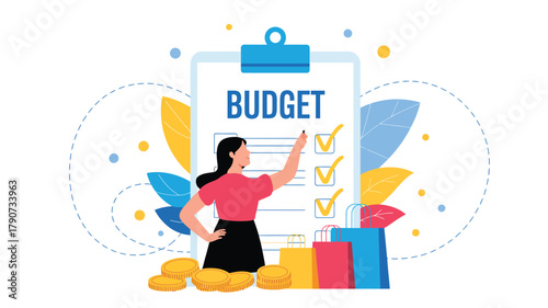 Fotografie budget planning illustration with woman pointing at checklist on clipboard, symb