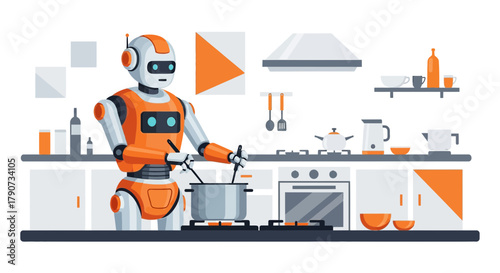 Futuristic kitchen scene featuring an android cook preparing a meal with automation technology
