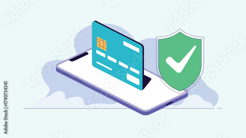 secure online payment icon with smartphone, credit card, and shield checkmark, representing mobile transaction, fintech, and data protection