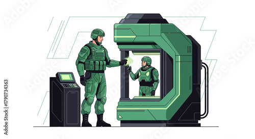 Futuristic military operation with soldiers and advanced technology for defense readiness