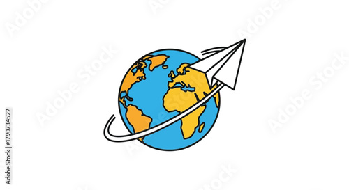 A paper airplane circles the earth, symbolizing global travel and exploration.