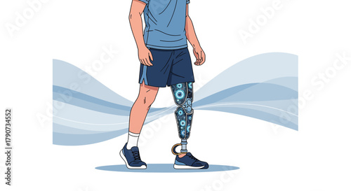 Futuristic Prosthetic Leg: Person with advanced technology and blue wave background