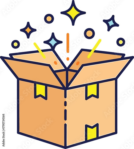 An open cardboard box is releasing colorful sparks and stars into the air.