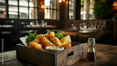 Fish and Chips on a Wooden Tray in a Restaurant Setting