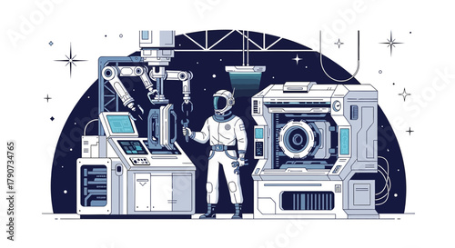 Futuristic space engineer repairing a robotic machine in space station detailed illustration