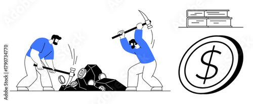 Two men break rocks using hammers and pickaxes. Nearby are books and a large coin, connecting labor, knowledge, and reward. Ideal for labor, diligence, education, effort economy industry simple