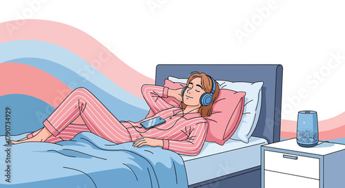 Girl listening to music in bed with headphones for relaxation and sleep illustration