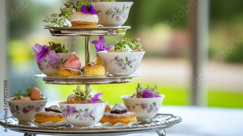 Delicate porcelain teacups with desserts in a tiered arrangement