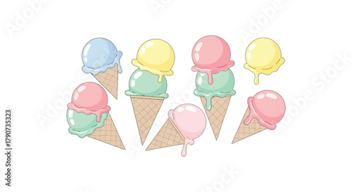 A collection of colorful ice cream cones with melting scoops on a white background.