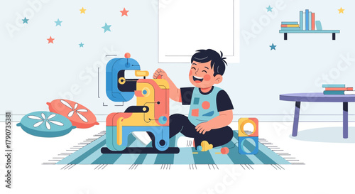 Happy young boy playing with a toy robot in his room surrounded by pillows and blocks