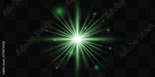 Bright star glare Green star. Light flare effect.Bright green laser light beams create a glowing starburst effect against a dark background, Glow light effect, Starburst with sparkles.