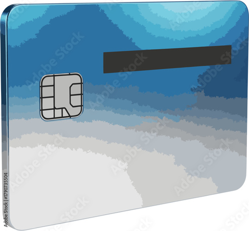 A close-up illustration of a credit card with a visible microchip and a blank magnetic stripe for personalization