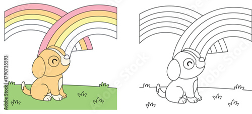 Cute Puppy Under a Rainbow - Adorable Cartoon Coloring Page for Kids and Dog Lovers