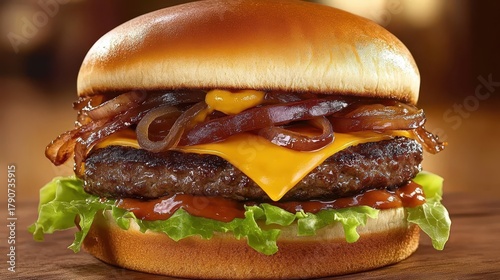 Delicious American Burger with Cheese and Caramelized Onions