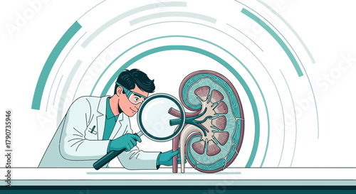 Illustration depicting a scientist examining a kidney with a magnifying glass on a white background