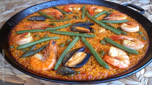 Delicious Spanish Seafood Paella in Cast Iron Pan Closeup