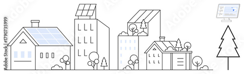 Houses and buildings with solar panels, trees and plants in eco-friendly neighborhoods. Ideal for sustainability, green energy, urban design, renewable power, clean living, smart homes, ecology