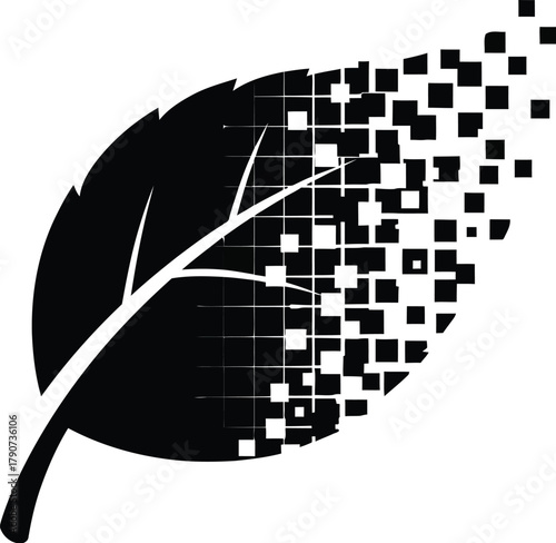 A black leaf icon is dissolving into pixels on a white background.