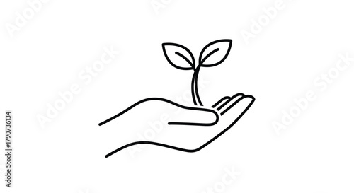 A hand gently holds a small plant with two leaves sprouting upwards.