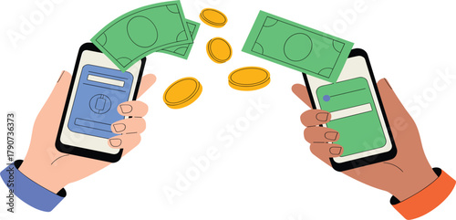 Mobile Peer-to-Peer Money Transfer Vector, Hands Holding Smartphones, Digital Payment, Online Finance, and Fintech