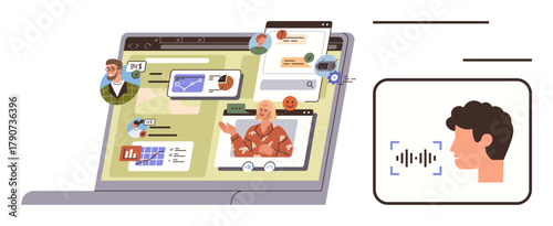 Laptop screen displaying collaborative tools, video chats, and graphs accompanied by a voice recognition interface. Ideal for virtual meetings, teamwork, remote work, communication, technology