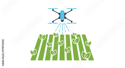 A drone sprays crops in a field, symbolizing modern agriculture and technology.