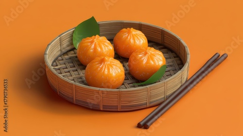Dim Sum Food in a Bamboo Basket Resting with Chopsticks