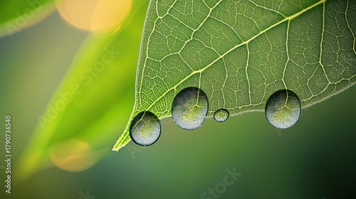 Dewdrops on green leaf magnifying intricate details of plant