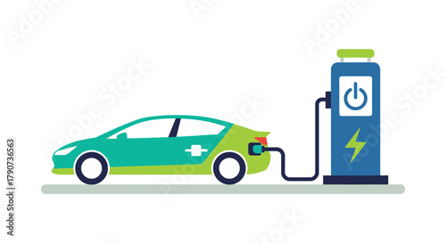 An electric car is plugged into a charging station to recharge its battery.