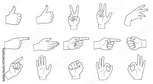 Collection of hand gestures and symbols drawn in a line art style.